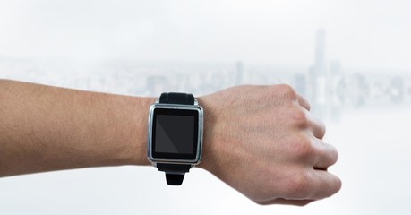 Poster - Hand with watch against blurry white skyline
