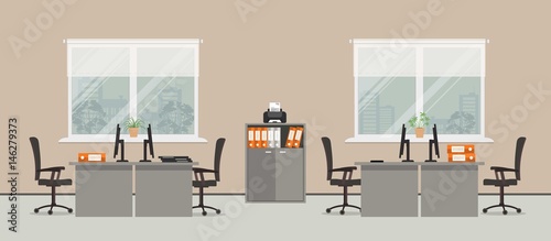Office Room In A Beige Color There Are Gray Tables Black Chairs