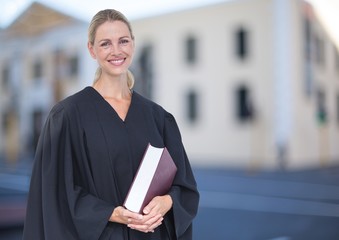Poster - Judge holding book in front of building