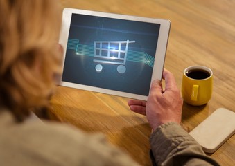Poster - Woman using Tablet with Shopping trolley icon