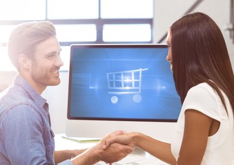 Poster - Two People using computer with Shopping trolley icon