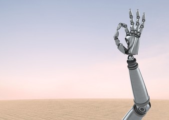 Poster - Android Robot hand gesture OK with desert sky background