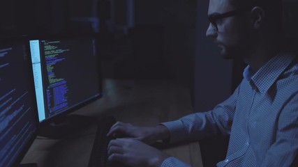 Serious programmer working during his night shift