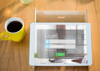 Poster - tablet with login screen in a table with a coffee