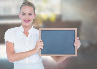 Poster - Business woman with blackboard in the office.