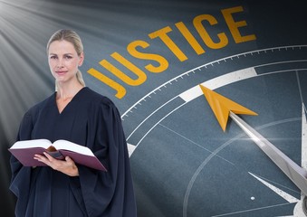 Poster - Judge holding book in front of justice text and compass