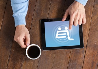 Poster - Man using Tablet with Shopping trolley icon and coffee