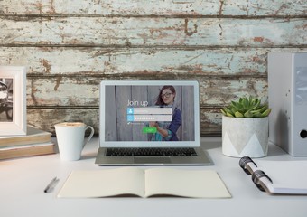 Poster - Laptop on a white desk with wood wall. Login screen