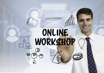 Poster - Business men drawing online workshop graphic