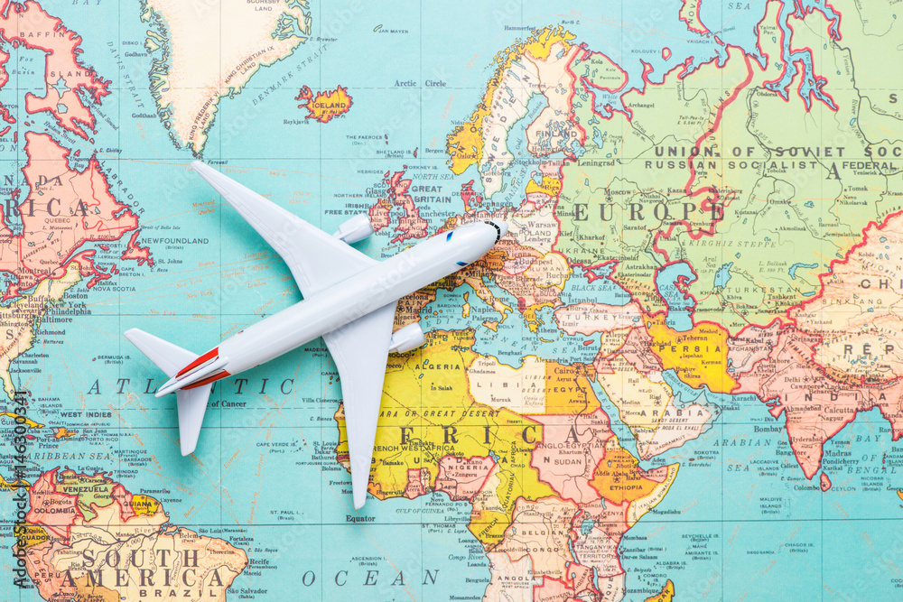 Obraz na płótnie Travel. Trip. Vacation - Top view airplane with touristic map w salonie