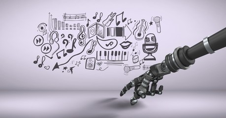 Poster - Android hand pointing and music graphic drawings