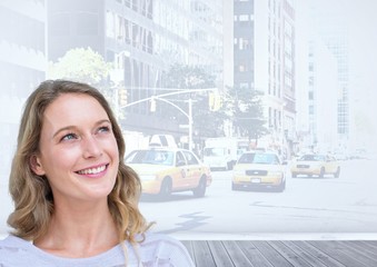 Canvas Print - Woman smiling in front of city street