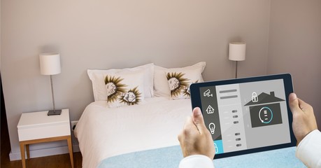 Poster - Hands using smart home app on tablet PC in bedroom