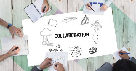 Poster - Collaboration text with icons and business people's hands