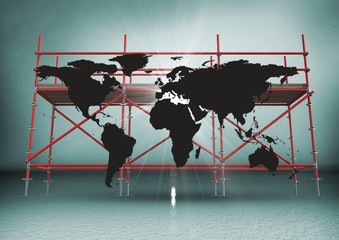 Poster - Black map and flare against scaffolding in green room
