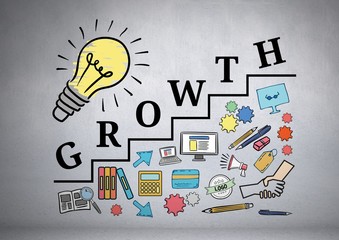 Poster - Colourful lightbulb with Growth text with drawings graphics