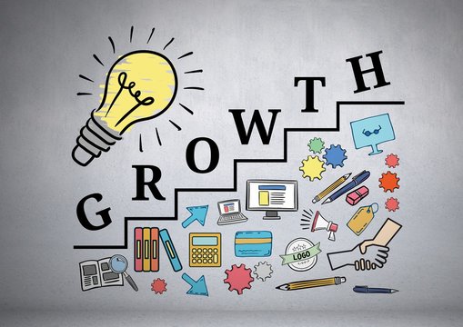Colourful lightbulb with Growth text with drawings graphics