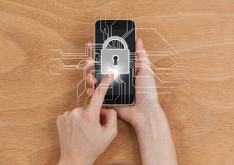 Poster - Overhead of hands with phone and white lock graphic with flare