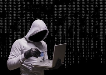 Poster - Anonymous Criminal in hood on laptop in front of numbers