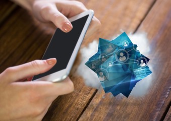 Poster - Hands with phone and blue network graphic with cloud