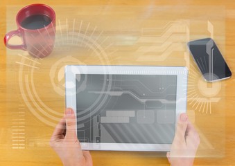 Poster - Hands with tablet and white interface overlay