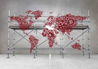 Poster - Red map and flare against scaffolding in grey room