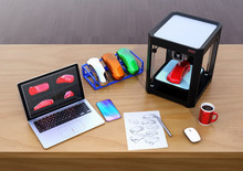 3D Printer, Laptop And Product Color Samples. CMF(Color, Material And Finish) Design Process Concept. 3D Rendering Image.