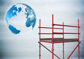 Poster - globe next to scaffolding in blurry grey wood panel