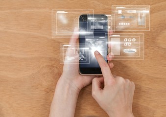 Poster - overhead of hands with phone and white interface with flare