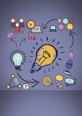 Poster - Colourful lightbulb with Business graphics drawings icons