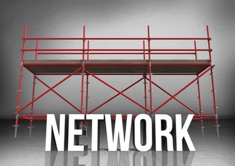 Poster - 3d word network against scaffolding in grey room