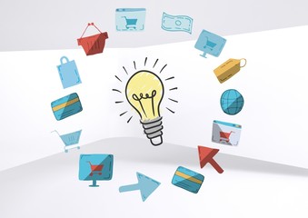 Poster - Colourful lightbulb with online shopping drawings graphics