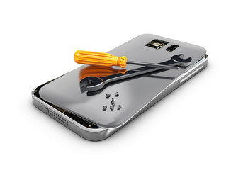 3d illustration, mobile phone repair, broken mobile phone with screwdriver and spanner.