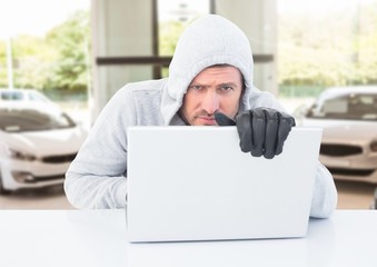 Poster - Criminal car fraud man with laptop in front of cars shop