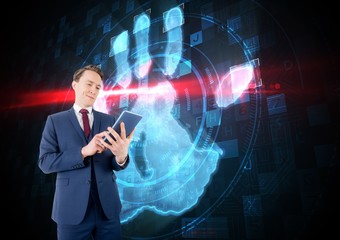Poster - Bussines man with tablet with hand scan background