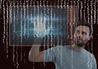 Poster - hand scan on a screen and rain of binary code