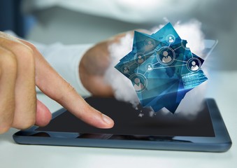 Poster - Hands with tablet and blue network graphic with cloud