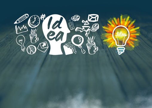 Colourful lightbulb and Idea text with drawings graphics