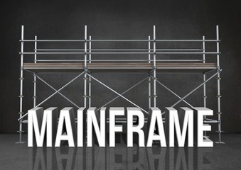 Poster - 3D word mainframe against scaffolding in grey room