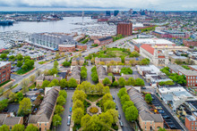 Aerial View Of Canton And The Harbor, In Baltimore, Maryland.