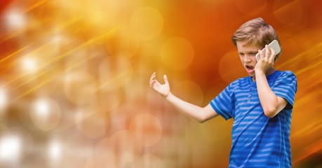 Poster - Angry boy using smart phone while gesturing over bokeh