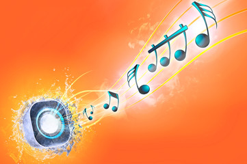 A speaker coming out of water, speaker jump out of water with orange background, sound vibrating, splash, music in summer, pool, music notes visually coming out from speaker. Audio wallpaper. 