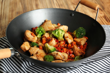 Wall Mural - Chicken stir fry with vegetables in pan