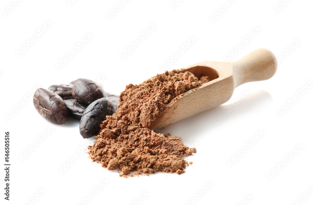 Wooden scoop with aromatic cocoa powder and beans on white background