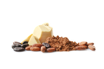 Poster - Aromatic cocoa powder, beans and butter on white background