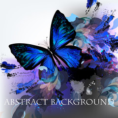 Fototapete - Abstract vector background with ink colored spots and blue butterfly