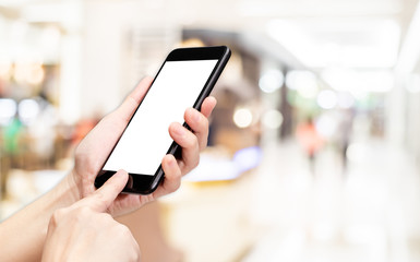 Aufkleber - Hand click mobile phone with blur department store background bokeh light,White screen mock up template for adding your design or your text