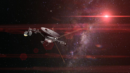 Wall Mural - Voyager spacecraft in front of the Milky Way galaxy and a bright red star in deep space