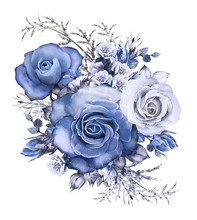 Watercolor Flowers. Floral Illustration Blue  Rose. Branch Of Flowers Isolated On White Background. Leaf And Buds. Cute Composition For Wedding Or  Greeting Card