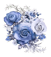 watercolor flowers. floral illustration blue  rose. branch of flowers isolated on white background. Leaf and buds. Cute composition for wedding or  greeting card